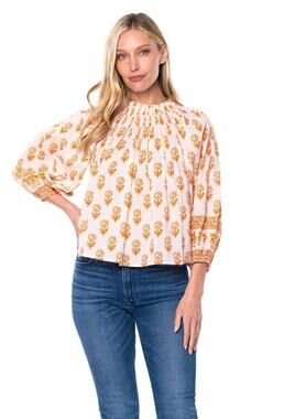 Mahila Caylin Honey White Orange Floral Woven Cotton Ruffle Pullover Blouse XS